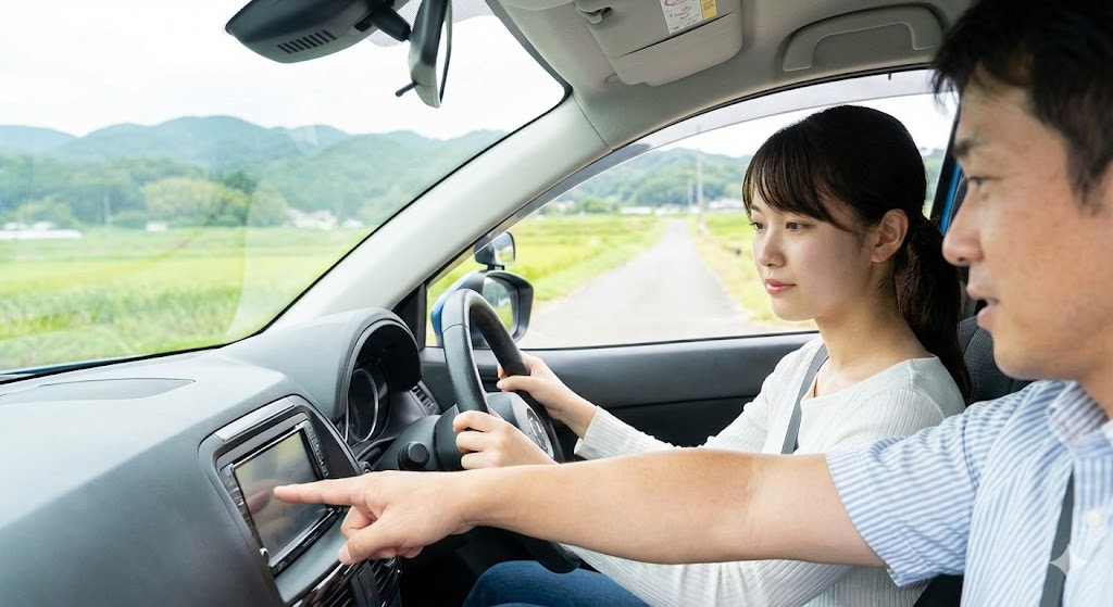教習車の車内で指導を受ける実習生